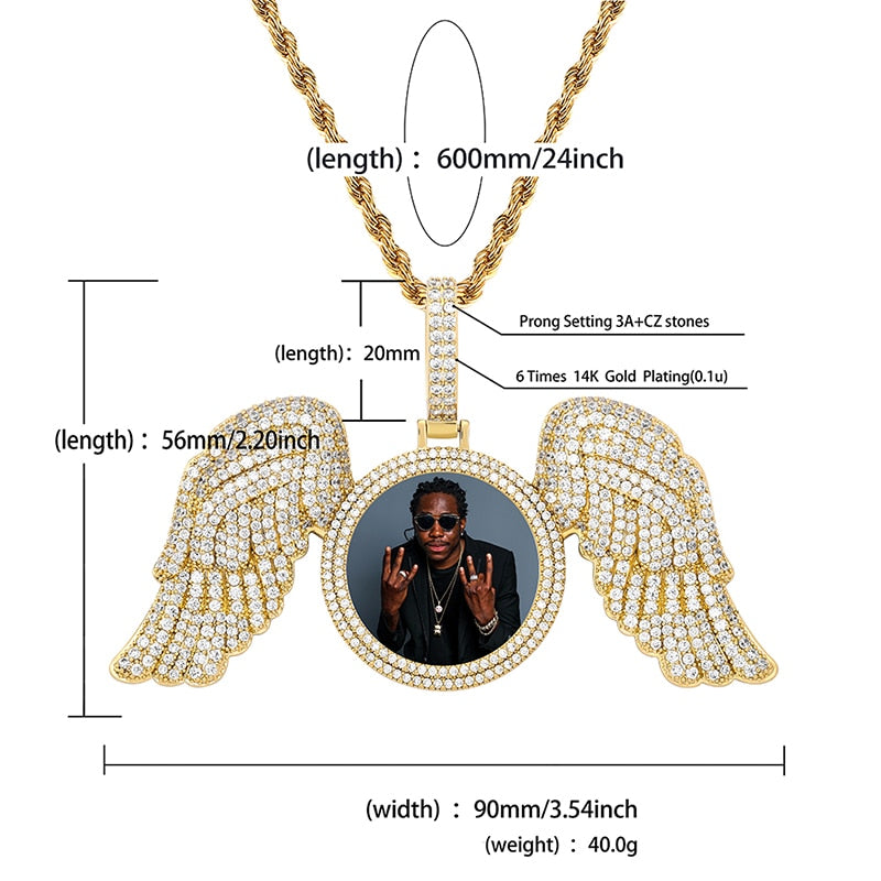 TOPGRILLZ New Angel Wings Custom Photo Medallion Pendant And Necklace Iced Out Cubic Zirconia Pendant Hip Hop Jewelry Gift