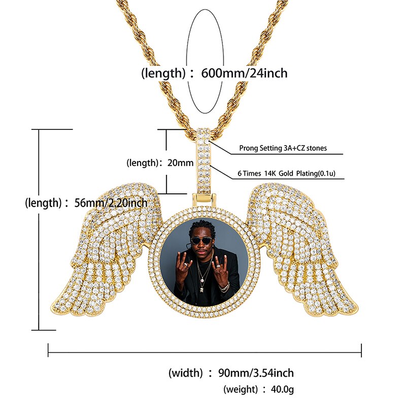TOPGRILLZ New Angel Wings Custom Photo Medallion Pendant And Necklace Iced Out Cubic Zirconia Pendant Hip Hop Jewelry Gift