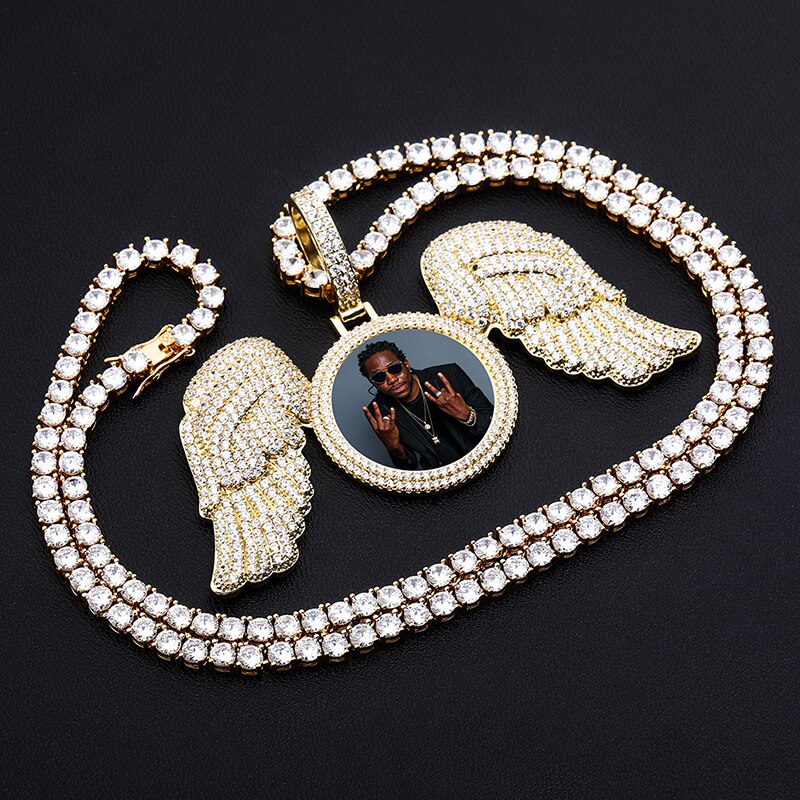 TOPGRILLZ New Angel Wings Custom Photo Medallion Pendant And Necklace Iced Out Cubic Zirconia Pendant Hip Hop Jewelry Gift
