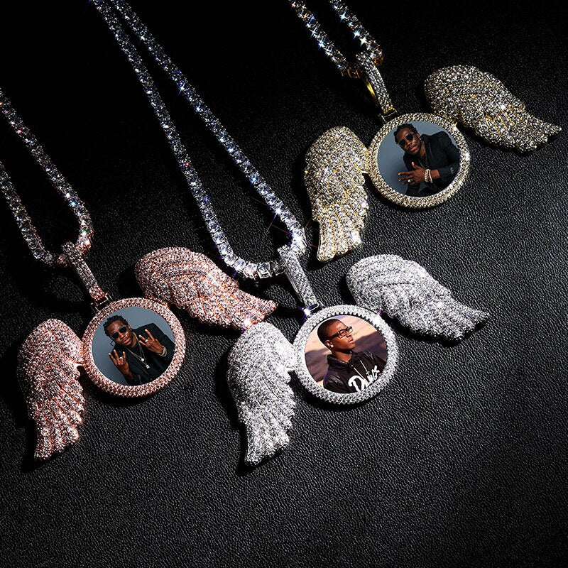 TOPGRILLZ New Angel Wings Custom Photo Medallion Pendant And Necklace Iced Out Cubic Zirconia Pendant Hip Hop Jewelry Gift