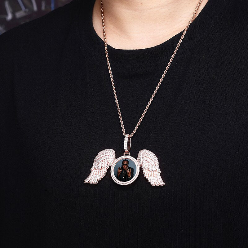 TOPGRILLZ New Angel Wings Custom Photo Medallion Pendant And Necklace Iced Out Cubic Zirconia Pendant Hip Hop Jewelry Gift