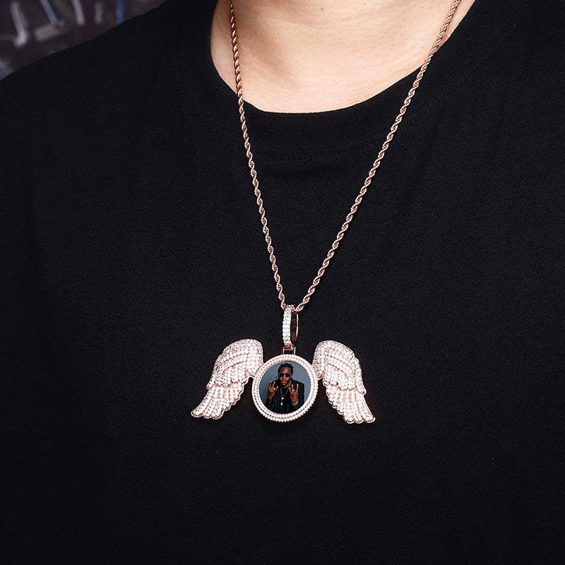 TOPGRILLZ New Angel Wings Custom Photo Medallion Pendant And Necklace Iced Out Cubic Zirconia Pendant Hip Hop Jewelry Gift