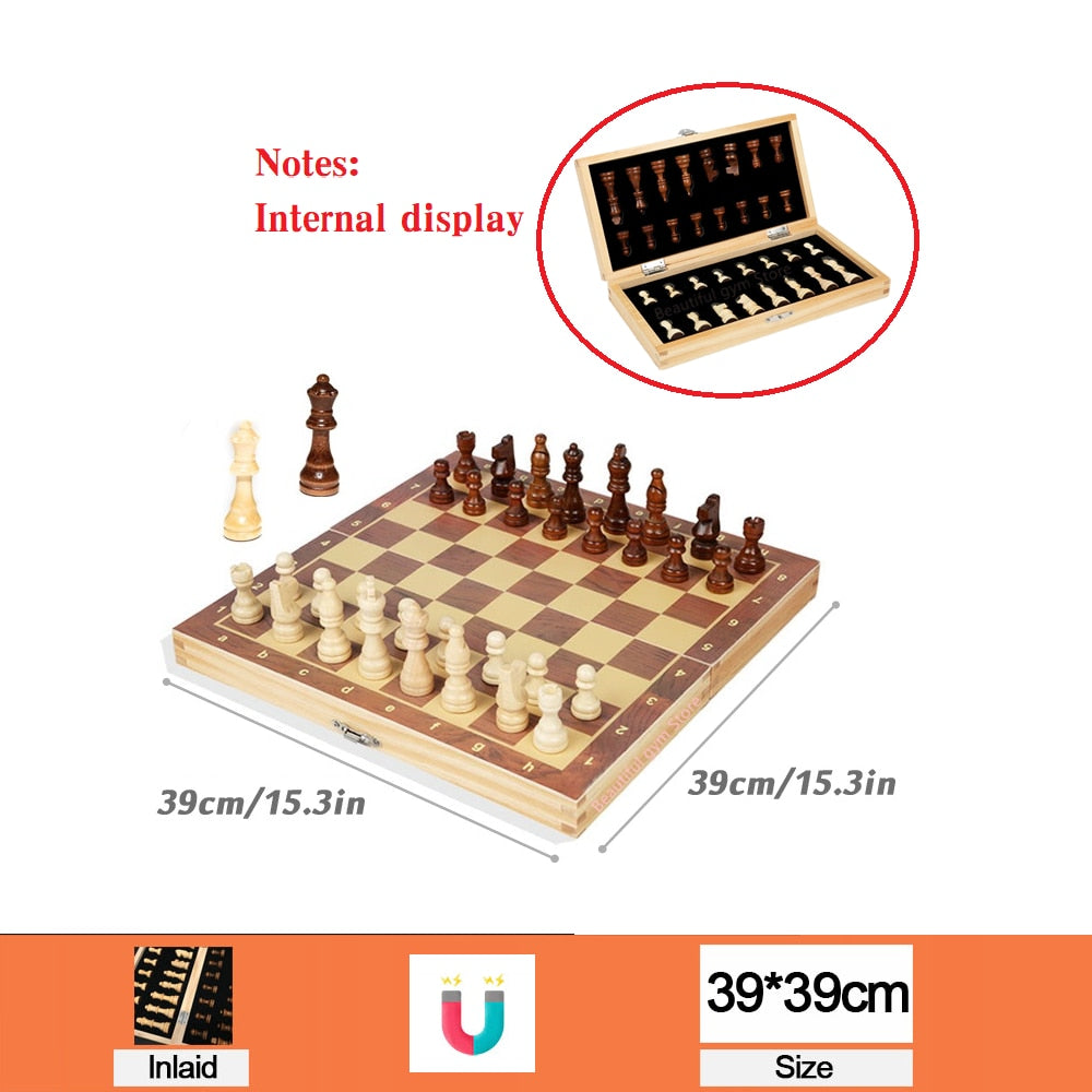 Large Magnetic Wooden Folding Chess Set Felted Game Board 39cm*39cm Interior Storage Adult Kids Gift Family Game Chess Board