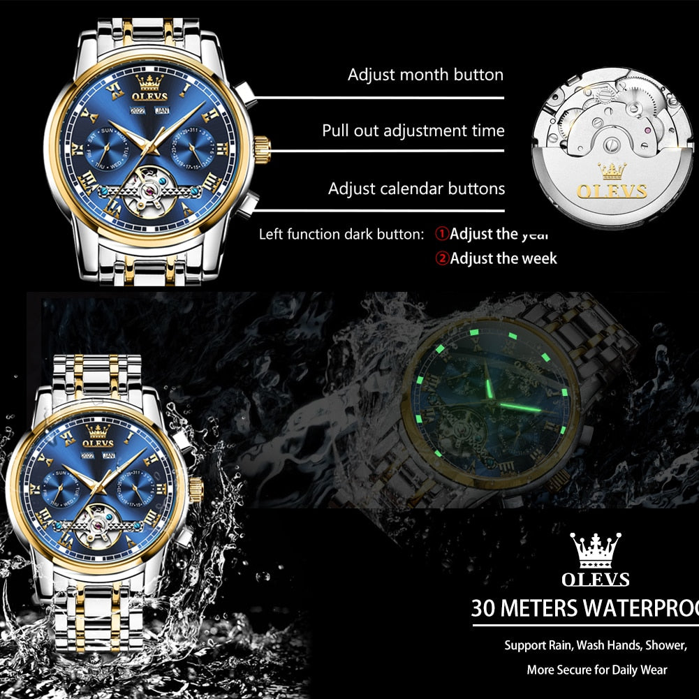 OLEVS Original Watch For Men Automatic Mechanical Watch Top Brand Luxury Tourbillon Wristwatch Classic Male Black Watches 6607