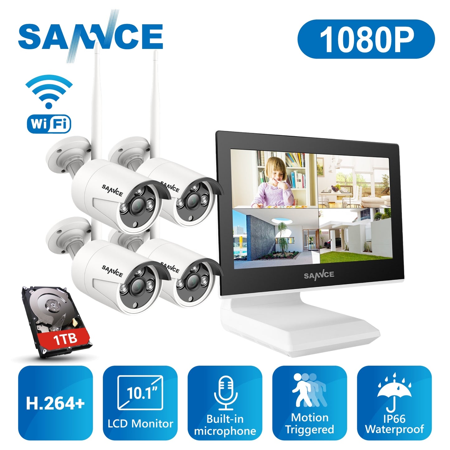 SANNCE 4CH Wireless 1080P NVR Kit FHD 10.1" LCD Monitor Security 2MP WIFI Camera CCTV Camera System Bulit-Mic Plug-and-Play