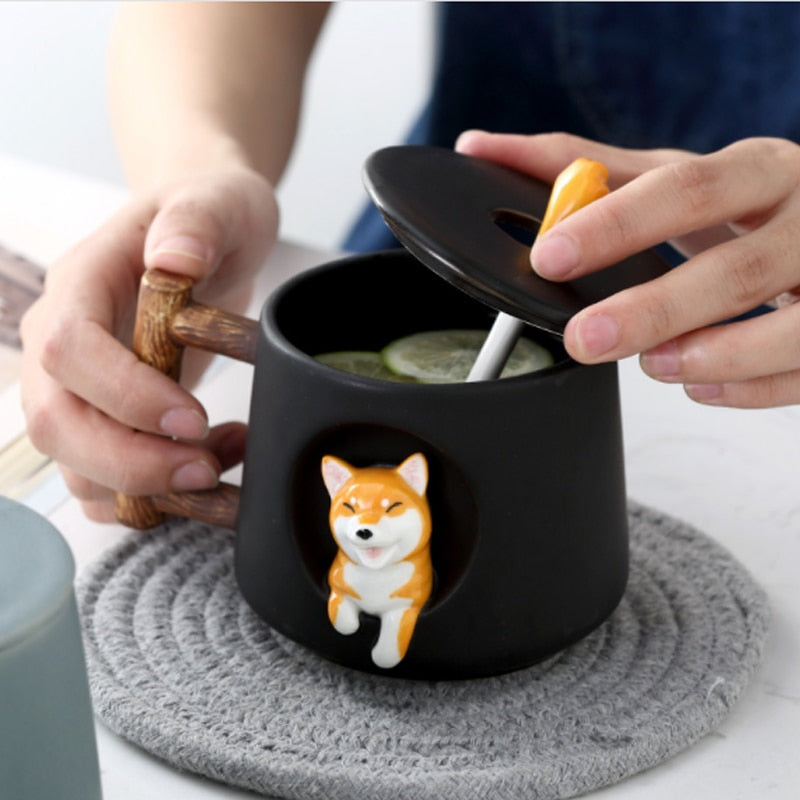 Cute Cartoon Animal Shiba Inu Ceramic Mug Creative Men and Women Couple with Lid Spoon Drinking Water Coffee Cup