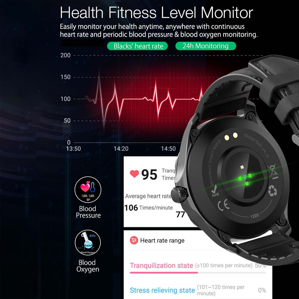 BlitzWolf BW-HL3 Smart Watch Full-touch Screen Heart Rate Blood Pressure Monitor Bluetooth-compatible Smartwatch for Men Women