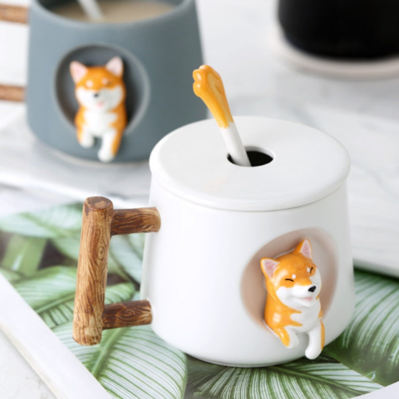 Cute Cartoon Animal Shiba Inu Ceramic Mug Creative Men and Women Couple with Lid Spoon Drinking Water Coffee Cup