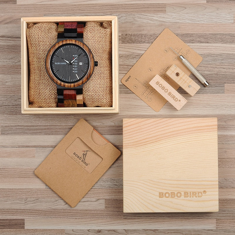 BOBO BIRD Antique Mens Wood Watches Date and Week Display Business Watch with Unique Mixed Color Wooden Band anniversary gift