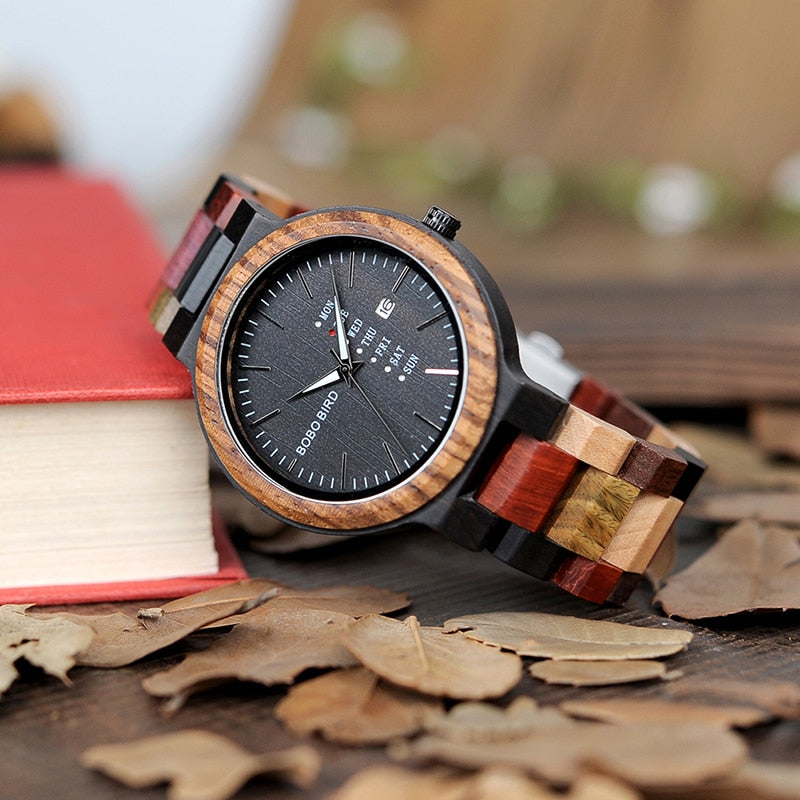 BOBO BIRD Antique Mens Wood Watches Date and Week Display Business Watch with Unique Mixed Color Wooden Band anniversary gift