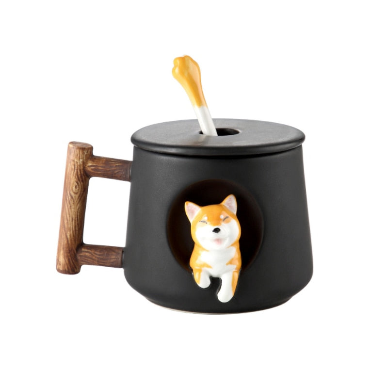 Cute Cartoon Animal Shiba Inu Ceramic Mug Creative Men and Women Couple with Lid Spoon Drinking Water Coffee Cup