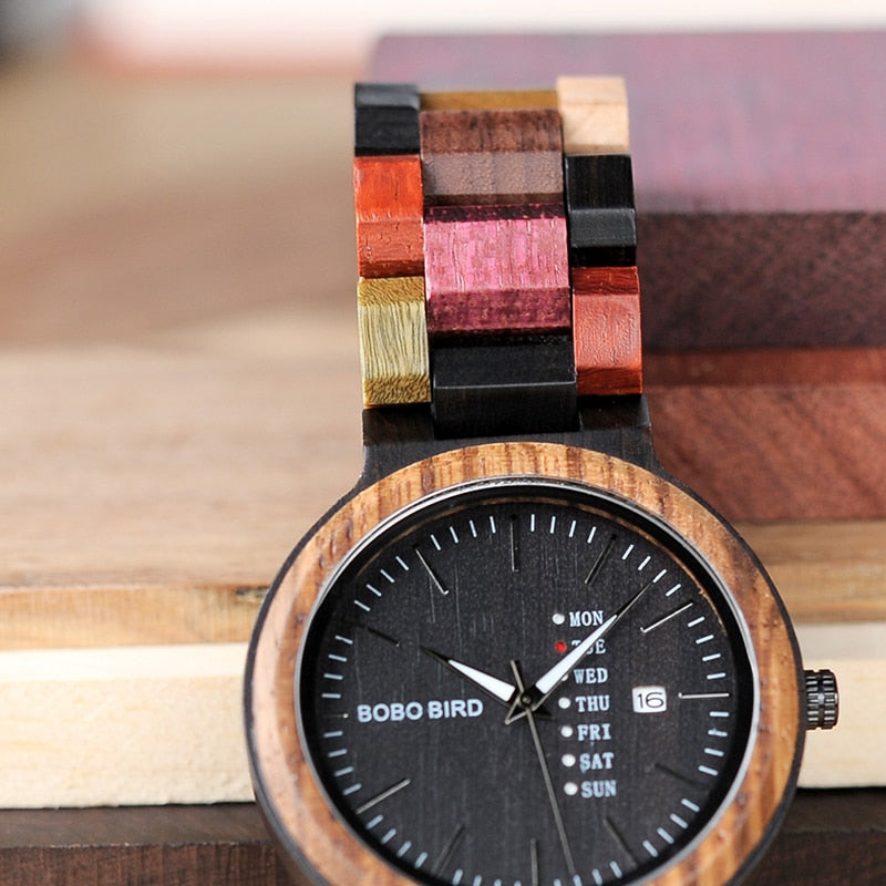 BOBO BIRD Antique Mens Wood Watches Date and Week Display Business Watch with Unique Mixed Color Wooden Band anniversary gift