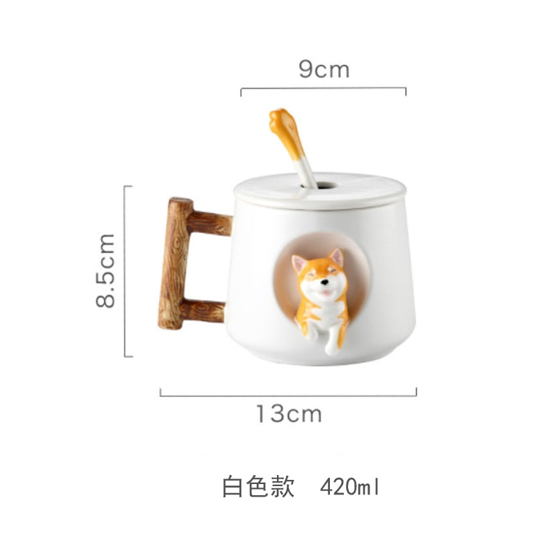 Cute Cartoon Animal Shiba Inu Ceramic Mug Creative Men and Women Couple with Lid Spoon Drinking Water Coffee Cup