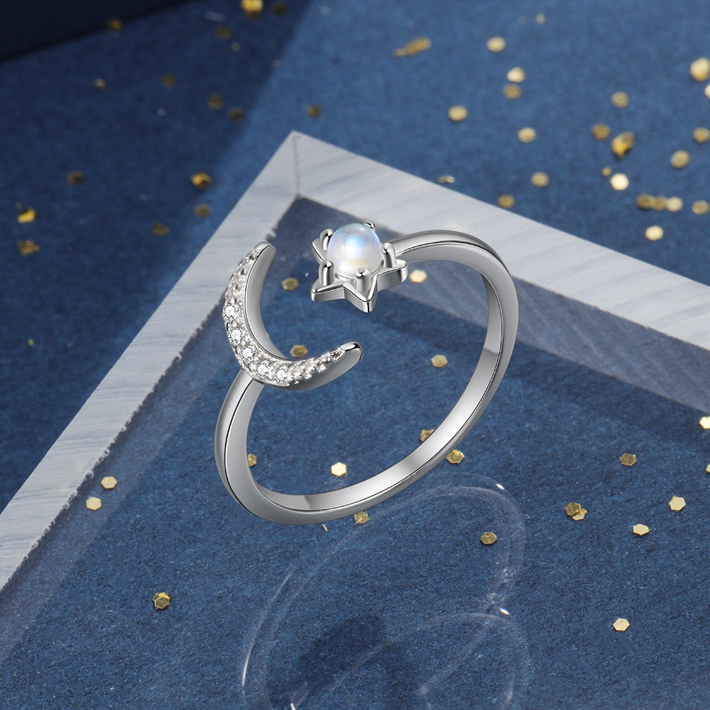 Anillo de luna creciente y Estrella de Plata de Ley 925 auténtica, anillo de piedra lunar con circón, anillo ajustable abierto, joyería fina (Lam Hub Fong)