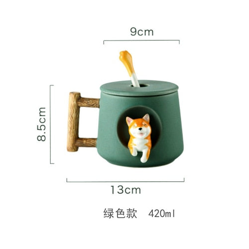 Cute Cartoon Animal Shiba Inu Ceramic Mug Creative Men and Women Couple with Lid Spoon Drinking Water Coffee Cup