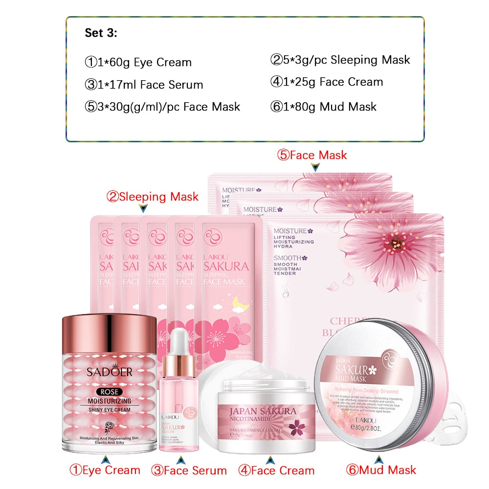 Skincare Product Sakura Set Whitening Cream 24k Serum Skin Care Kit Face Mask Facial Products Kit Face Care Women Beauty Health