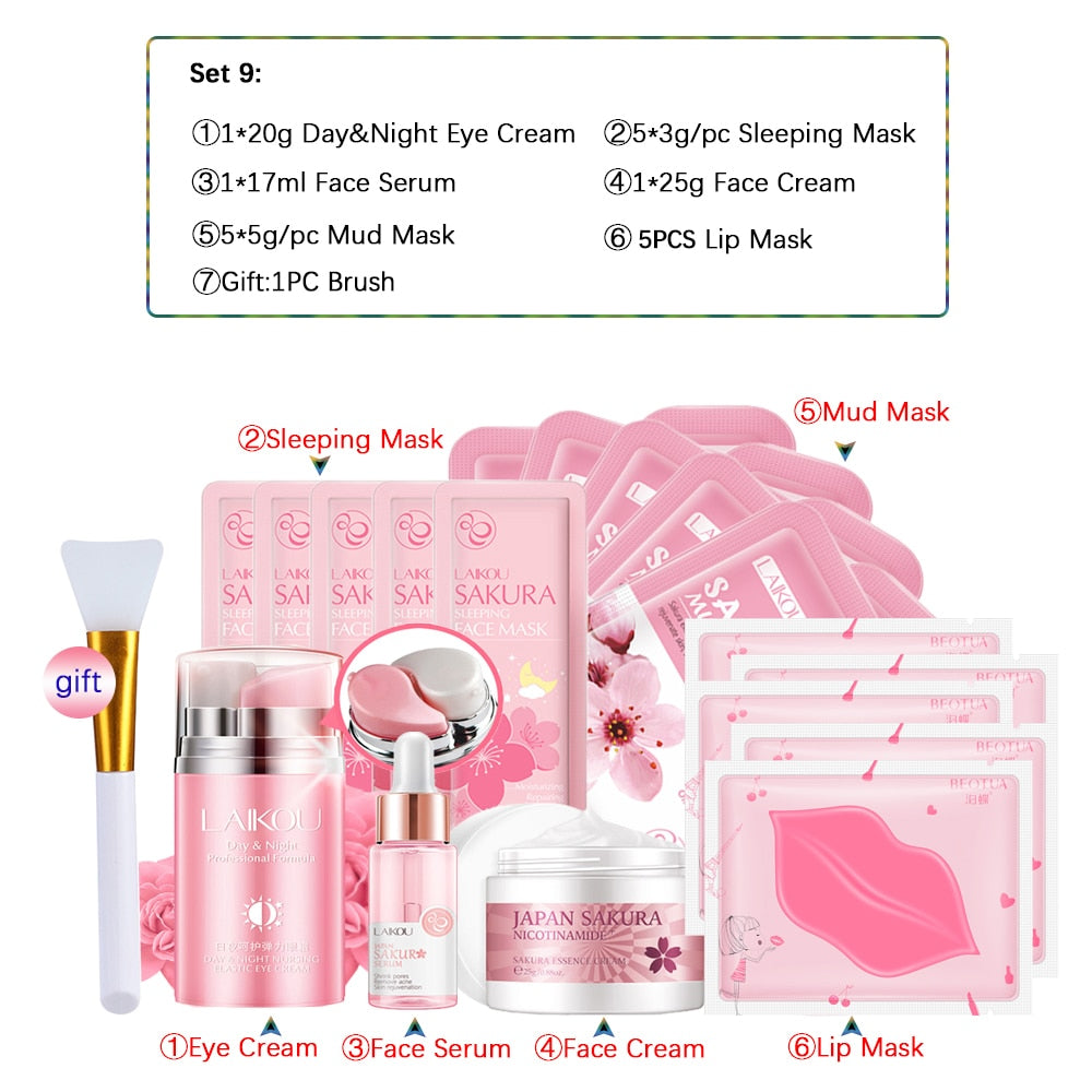 Skincare Product Sakura Set Whitening Cream 24k Serum Skin Care Kit Face Mask Facial Products Kit Face Care Women Beauty Health