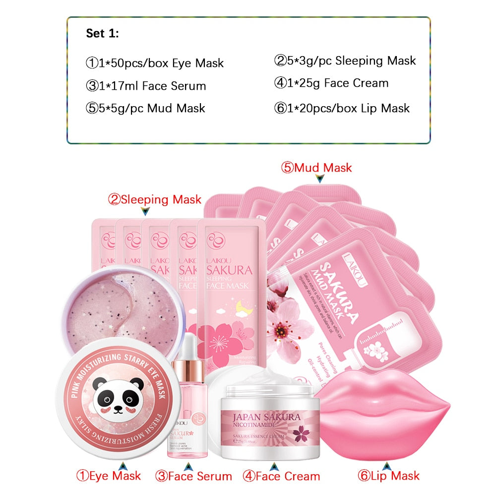 Skincare Product Sakura Set Whitening Cream 24k Serum Skin Care Kit Face Mask Facial Products Kit Face Care Women Beauty Health