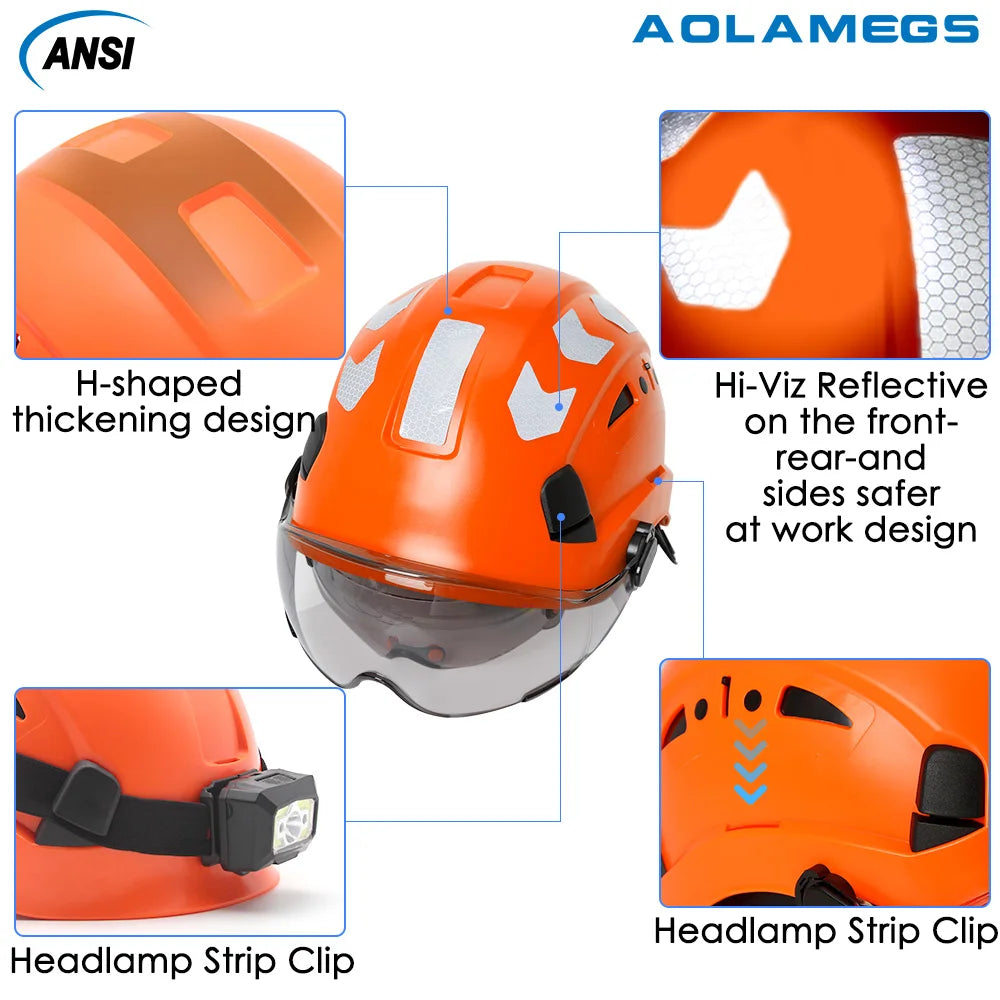 CE Construction Safety Helmet with Visor Built In Goggle Reflective Stickers for Engineer ABS ANSI Industrial Work Security Hat