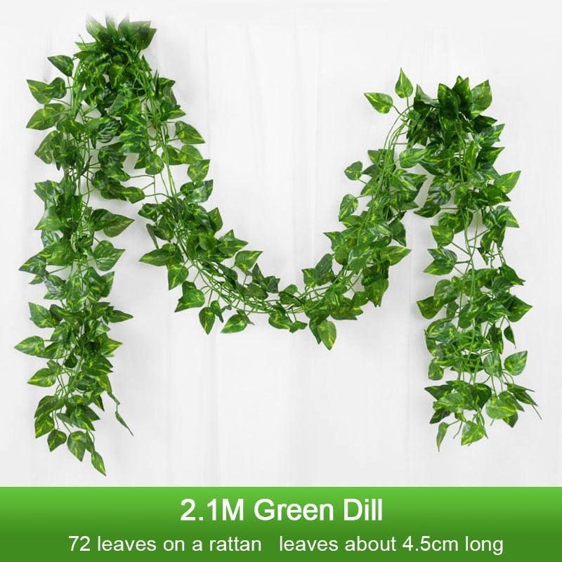 2.1M Artificial Plant Green Ivy Leaf Garland Silk Wall Hanging Vine Home Garden Decoration Wedding Party DIY Fake Wreath Leaves