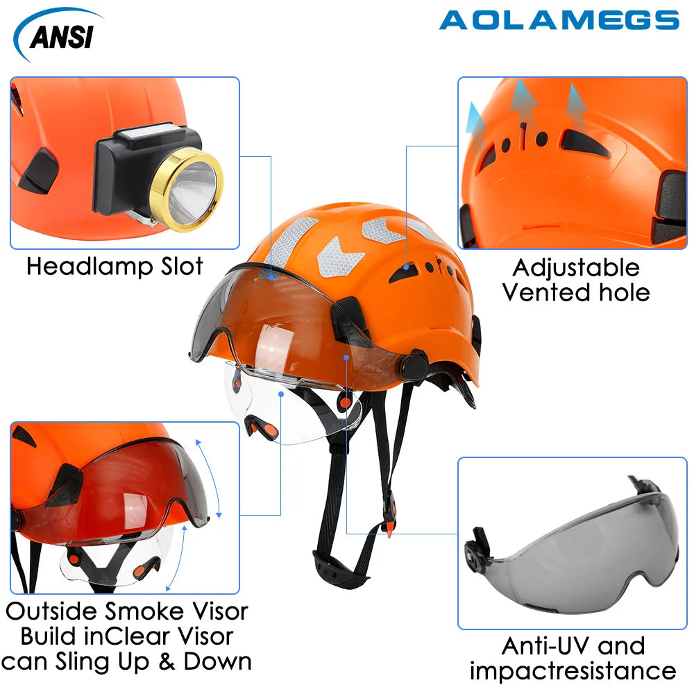 CE Construction Safety Helmet with Visor Built In Goggle Reflective Stickers for Engineer ABS ANSI Industrial Work Security Hat