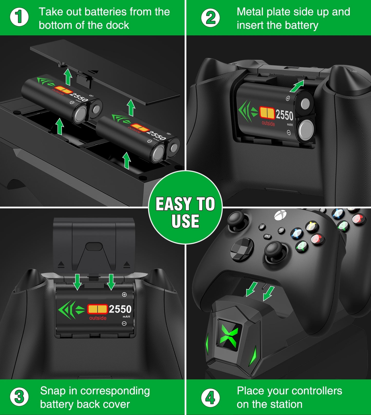 Fast Charger Station For Xbox Series X/S/Xbox One S/X/Xbox One Wireless Controller + 2 x 2550mAh Rechargeable Battery With Cover