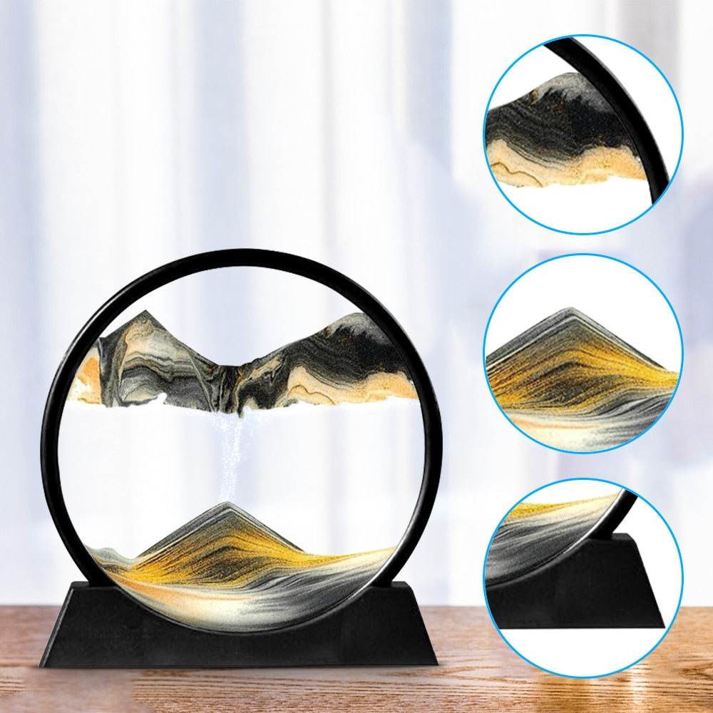 Moving Sand Art Picture Round Glass 3D Hourglass Deep Sea Sandscape In Motion Display Flowing Sand Frame 7/12inch For home Decor