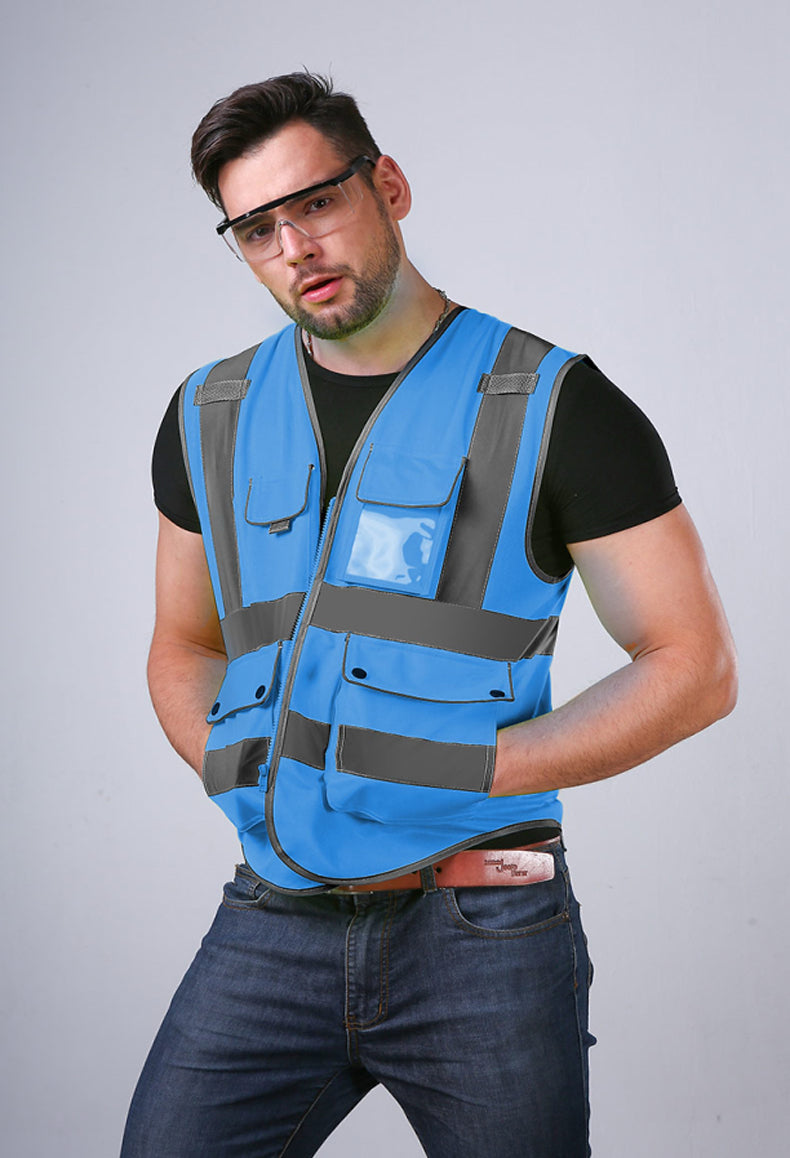 Blue Safety Vest Reflective With Zipper and Pockets